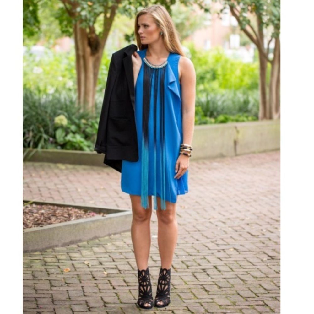 Nocturne Silk Beaded Fringe Dress Blue Cocktail Gatsby Flapper Party Mini 4